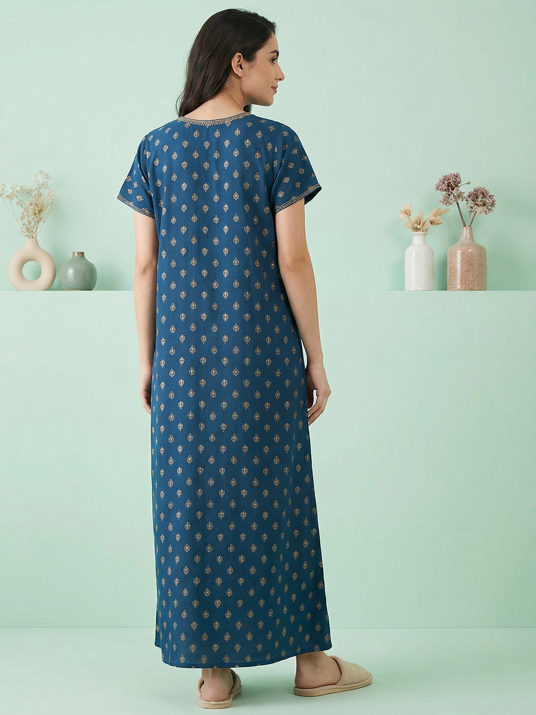 Alpine - Maxi Nightdress with Embroidered V-slit Neckline