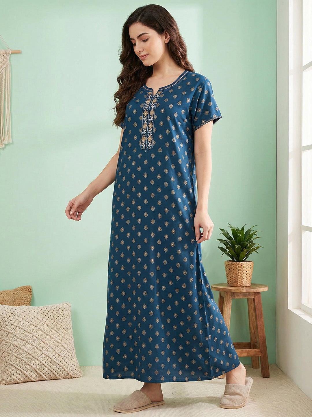 Alpine - Maxi Nightdress with Embroidered V-slit Neckline