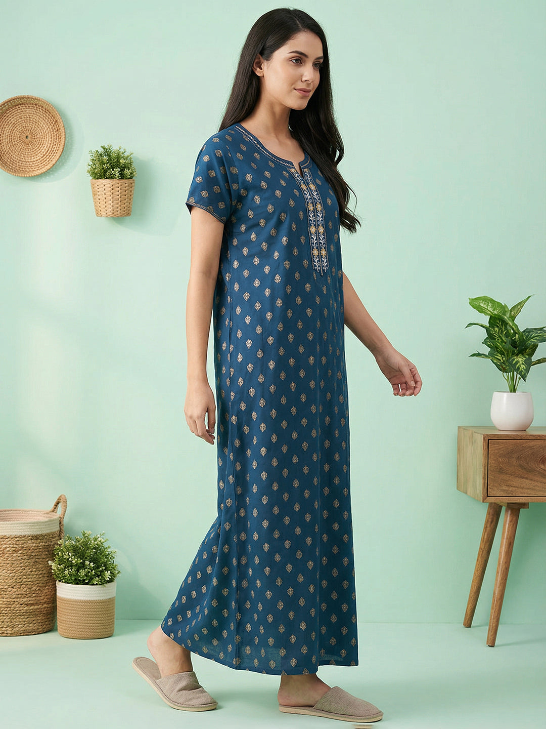 Alpine - Maxi Nightdress with Embroidered V-slit Neckline