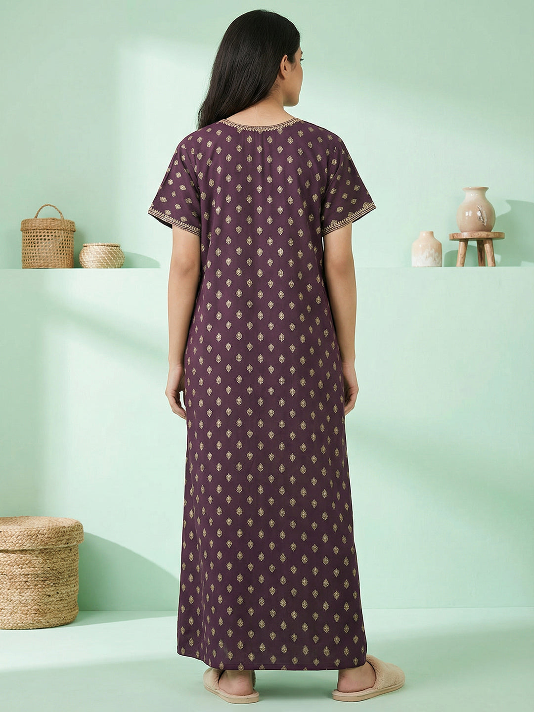 Alpine - Maxi Nightdress with Embroidered V-slit Neckline