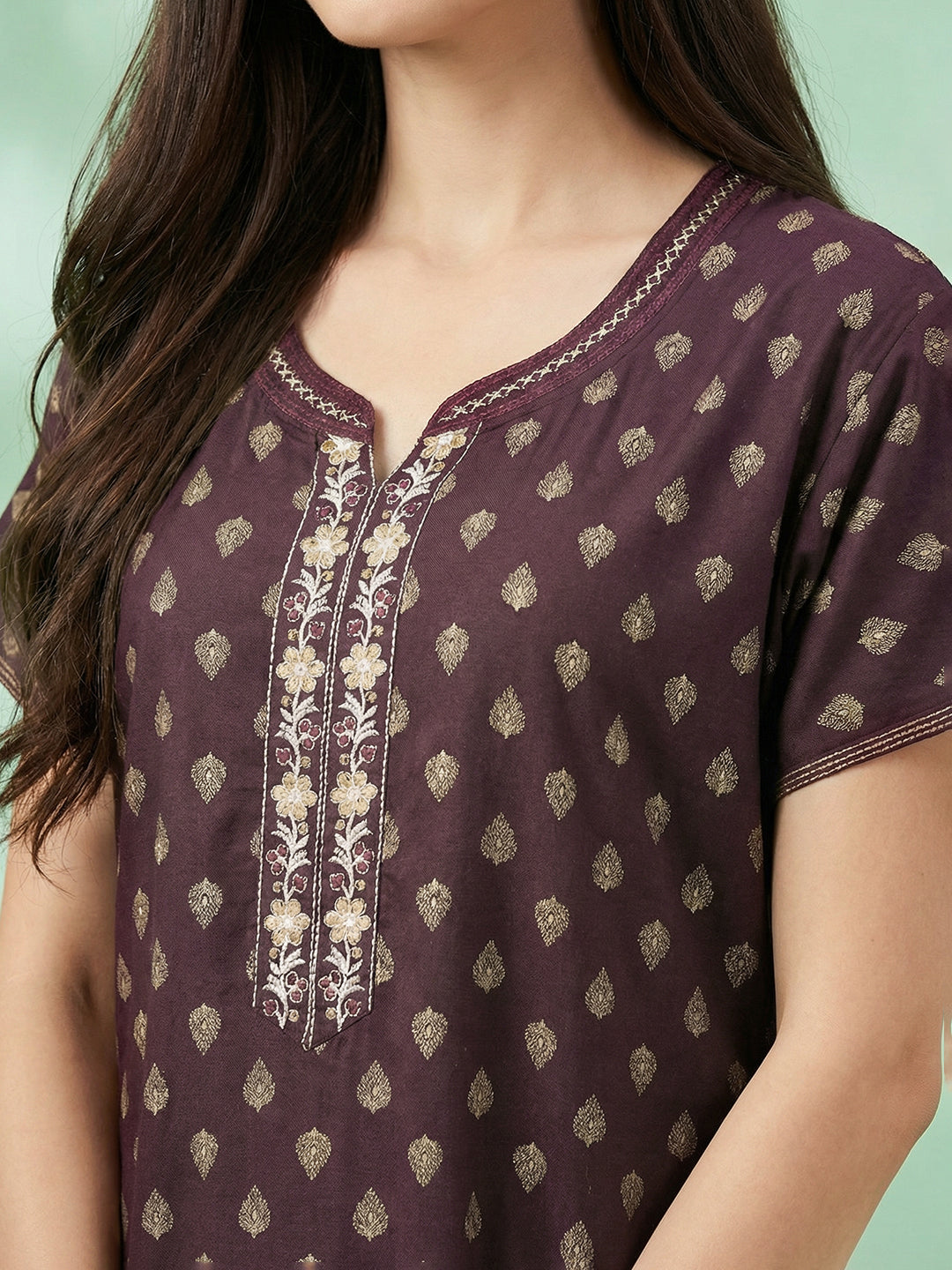 Alpine - Maxi Nightdress with Embroidered V-slit Neckline