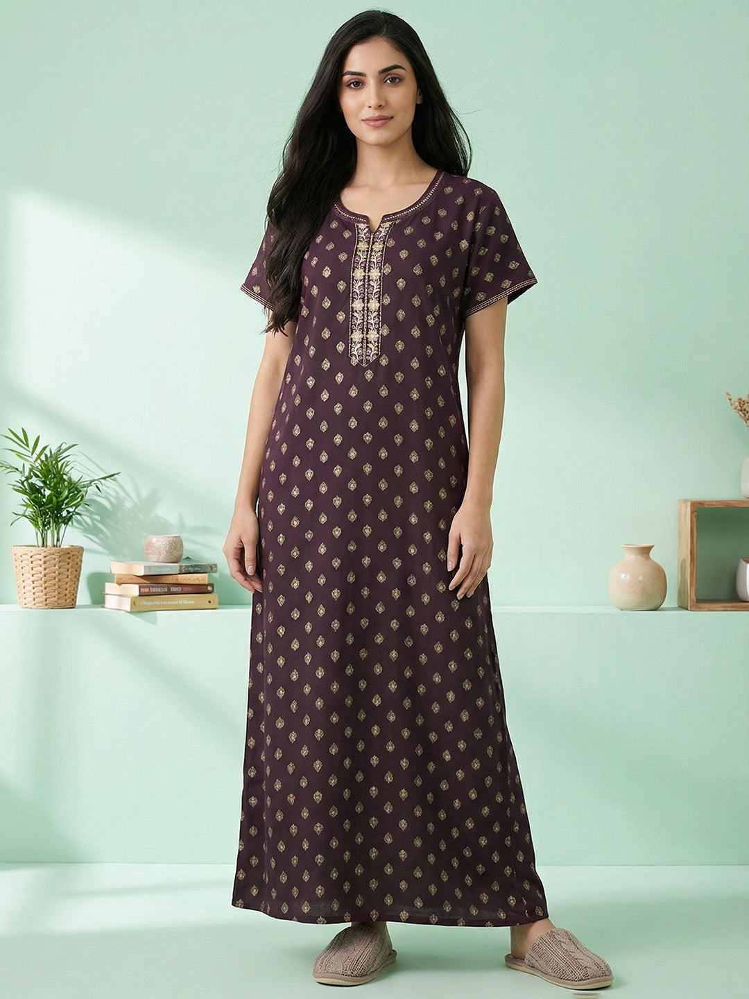 Alpine - Maxi Nightdress with Embroidered V-slit Neckline
