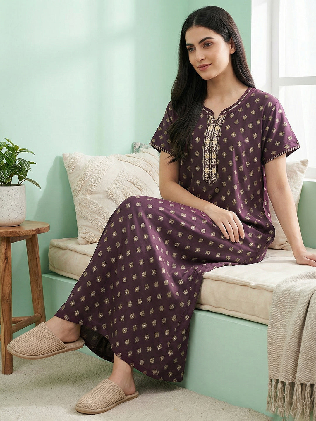 Alpine - Maxi Nightdress with Embroidered V-slit Neckline