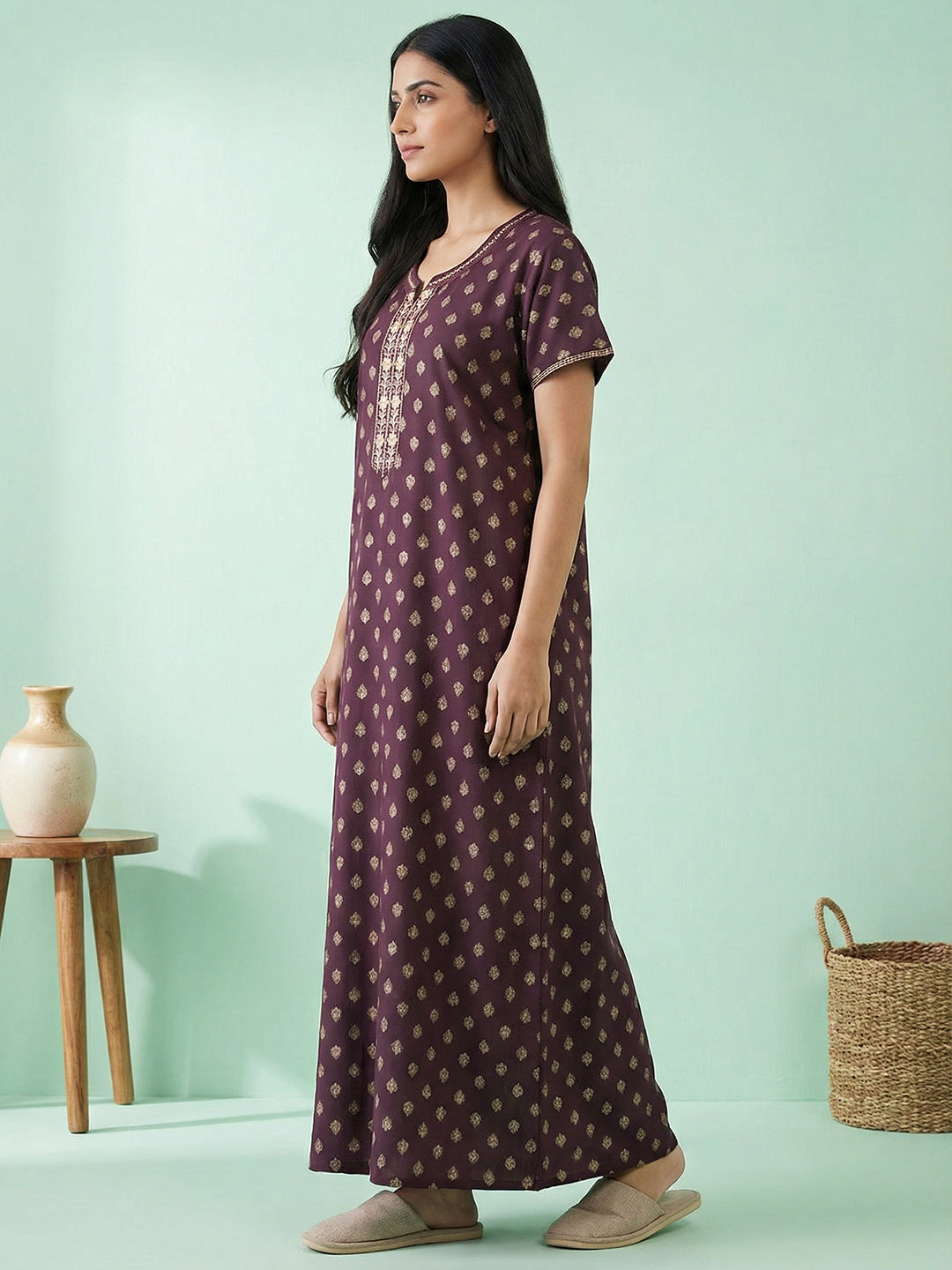 Alpine - Maxi Nightdress with Embroidered V-slit Neckline